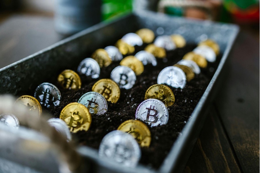 Bitcoin coins in a box