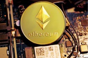 Ethereum gold coin on microchip