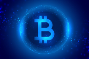 Bitcoin logo inside blue sphere