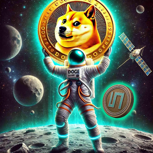 astranaut holding doge coin logo